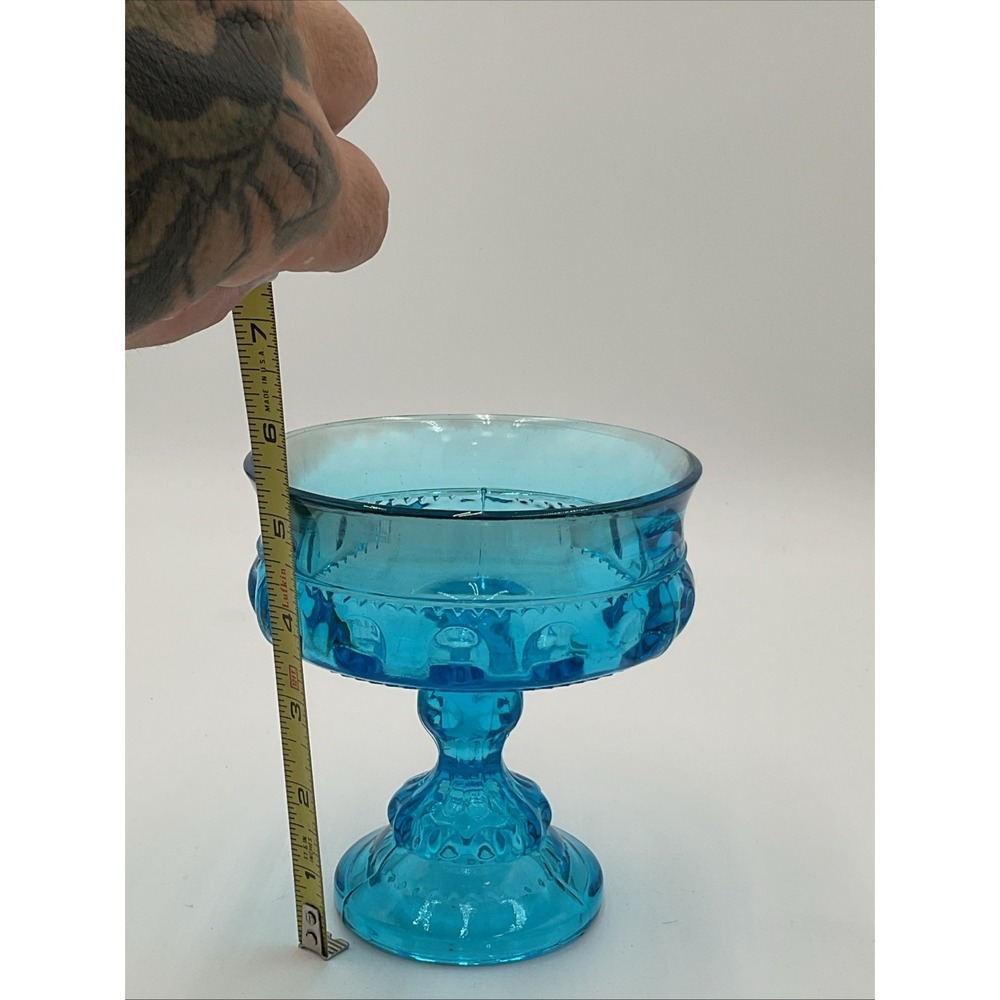 Vintage INDIANA GLASS Kings Crown Aqua Blue Thumbprint Pedestal COMPOTE Bowl - Picture 3 of 6
